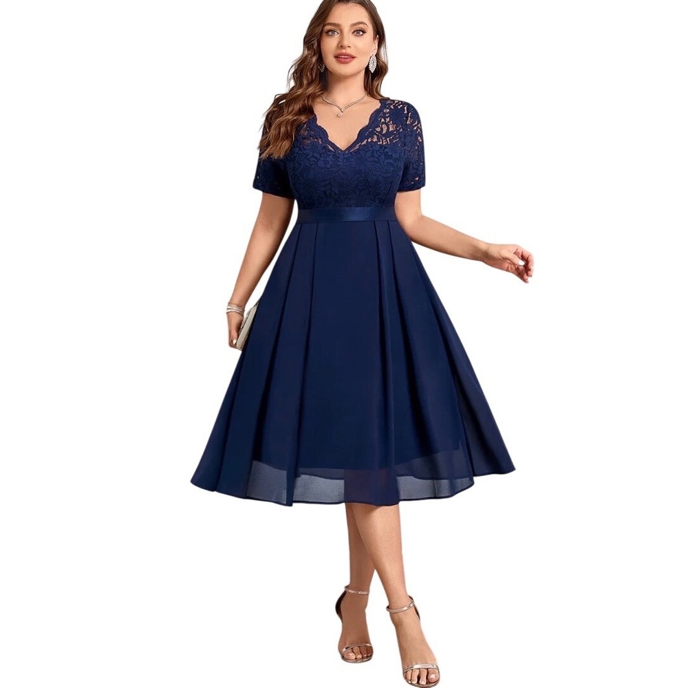 Miusol Navy Blue Lace Top Short Sleeves Cocktail Dress Size L Prom Party EUC